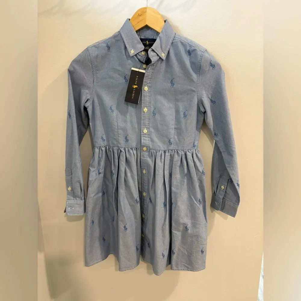 Ralph Lauren Blue Button-Down Shirt Dress with Pony Embroidery